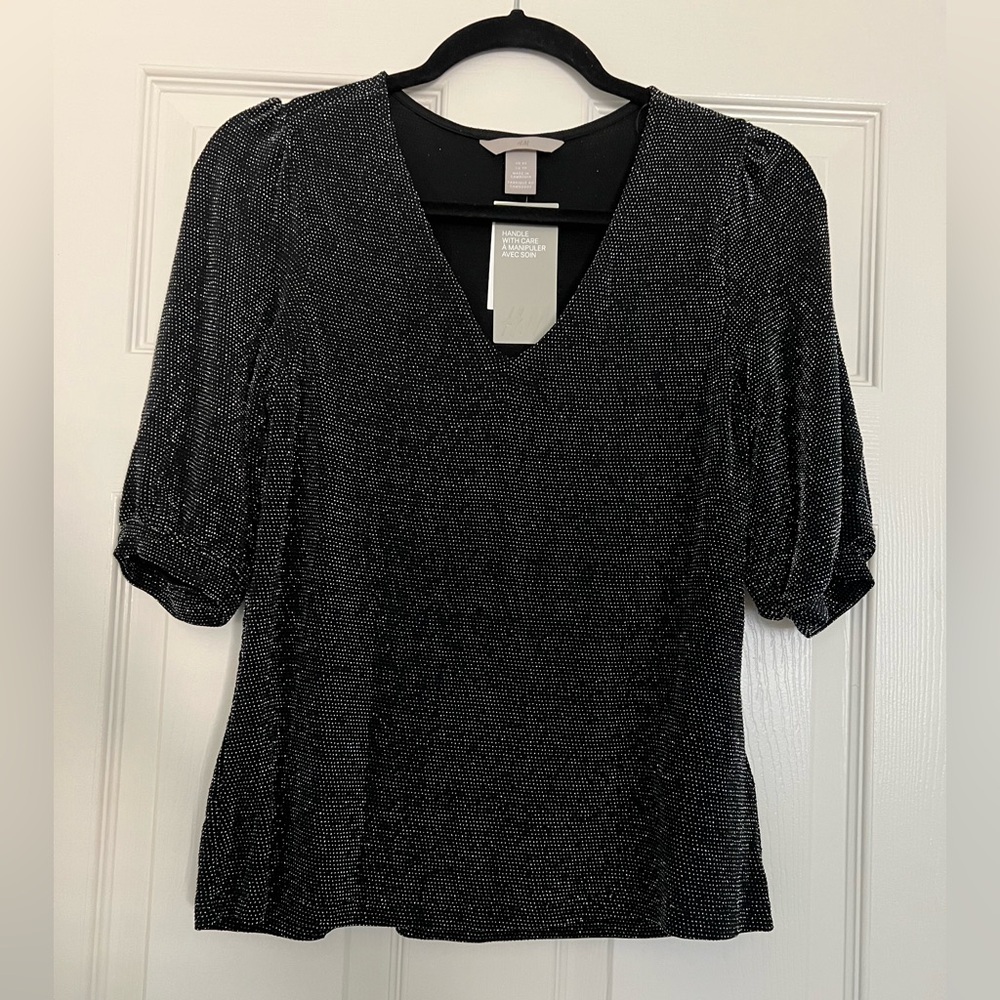 H&M Shimmering Embellished Black V-Neck Blouse Top